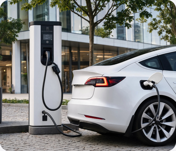 An electric vehicle charging at a station